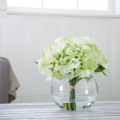 Nature Spring Hydrangea Floral Arrangement In Vase - 5 Artificial Flowers In Clear Glass Bowl With Faux Water - 8" X 8", Green, White, Clear 1 Nature Spring Hydrangea Floral Arrangement In Vase - 5 Artificial Flowers In Clear Glass Bowl With Faux Water - 8" X 8", Green, White, Clear
