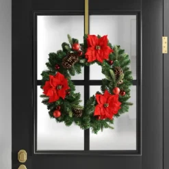 28" Pine And Poinsettia Flower With Ornaments Artificial Christmas Wreath Red - Wondershopâ„¢