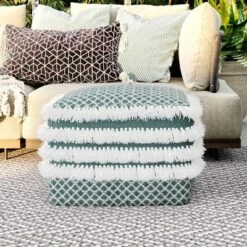 Ari Square Woven PET Polyester Pouf Turquoise/White - WyndenHall