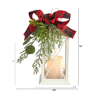 Nearly Natural 12-in Holiday White Lantern With Berries, Pine And Plaid Bow Artificial Christmas Table Arrangement With LED Candle Included 1 Nearly Natural 12-in Holiday White Lantern With Berries, Pine And Plaid Bow Artificial Christmas Table Arrangement With LED Candle Included