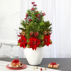 Nearly Natural 32-in Poinsettia, Boxwood And Succulent Artificial Arrangement In White Vase -Home Improvement Store GUEST 1fa20045 bf67 4e1c 8ef5 598d0e1a1d2d