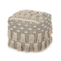Hawley Handcrafted Boho Fabric Cube Pouf With Tassels Ivory - Christopher Knight Home -Home Improvement Store GUEST 206c20f8 75d7 4d11 9c35 137dce444d5f