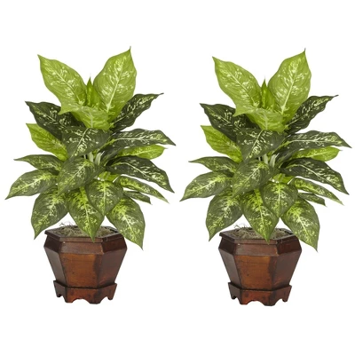 Nearly Natural Dieffenbachia W/Wood Vase Silk Plant (Set Of 2) 1 Nearly Natural Dieffenbachia W/Wood Vase Silk Plant (Set Of 2)