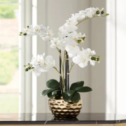 Dahlia Studios Potted Faux Artificial Flowers Realistic White Phalaenopsis Orchid In Gold Ceramic Pot Home Decoration 23" High