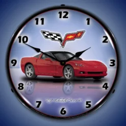 Collectable Sign & Clock | C6 Corvette Crystal Red LED Wall Clock Retro/Vintage, Lighted