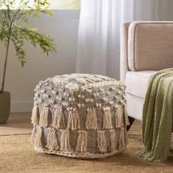 Hawley Handcrafted Boho Fabric Cube Pouf With Tassels Ivory - Christopher Knight Home
