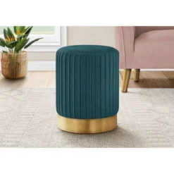 18" Round Velvet Upholstered Pouf With Pleated Sides - EveryRoom