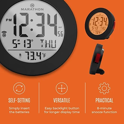 Marathon Round Atomic Alarm Clock With Push-Button Backlight, Indoor Temperature & 8 Time Zones 2 Marathon Round Atomic Alarm Clock With Push-Button Backlight, Indoor Temperature & 8 Time Zones - Image 2
