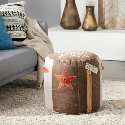Canvas Pouf With Star Motif Brown - Olivia & May 2 Canvas Pouf With Star Motif Brown - Olivia & May - Image 2
