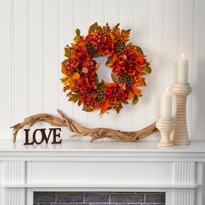 Nearly Natural 24” Fall Hydrangea, Lotus And Berries Artificial Wreath 2 Nearly Natural 24” Fall Hydrangea, Lotus And Berries Artificial Wreath - Image 2