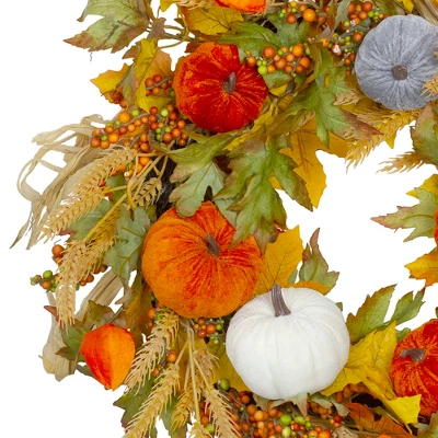 Northlight Velvet Pumpkins And Wheat Artificial Fall Harvest Wreath - 24-Inch, Unlit 2 Northlight Velvet Pumpkins And Wheat Artificial Fall Harvest Wreath - 24-Inch, Unlit - Image 2
