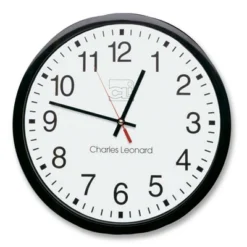 Charles Leonard Wall Clock 12" Plastic Black Frame/White Dial 76820