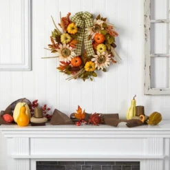 Nearly Natural 24” Fall Pumpkin, Sunflower Artificial Autumn Wreath With Decorative Ribbon -Home Improvement Store GUEST 8a0a59bd e39d 4b54 bbc4 eb2cfeddfe94