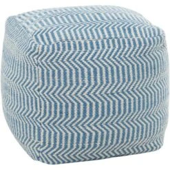 Trullo Blue And White Zigzag Hand Woven PET Yarn Pouf Ottoman