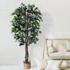 Forever Leaf 72" Artificial Ficus Silk Tree In Wicker Basket, Indoor Artificial Plant For Home Decor