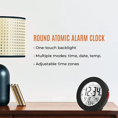 Marathon Round Atomic Alarm Clock With Push-Button Backlight, Indoor Temperature & 8 Time Zones 1 Marathon Round Atomic Alarm Clock With Push-Button Backlight, Indoor Temperature & 8 Time Zones