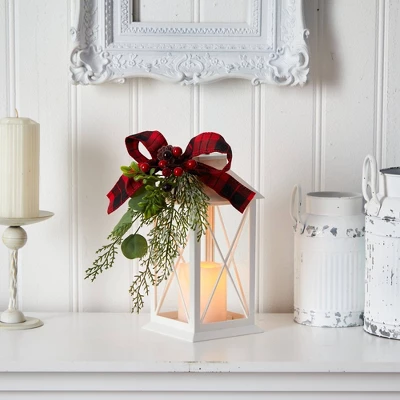 Nearly Natural 12-in Holiday White Lantern With Berries, Pine And Plaid Bow Artificial Christmas Table Arrangement With LED Candle Included 2 Nearly Natural 12-in Holiday White Lantern With Berries, Pine And Plaid Bow Artificial Christmas Table Arrangement With LED Candle Included - Image 2