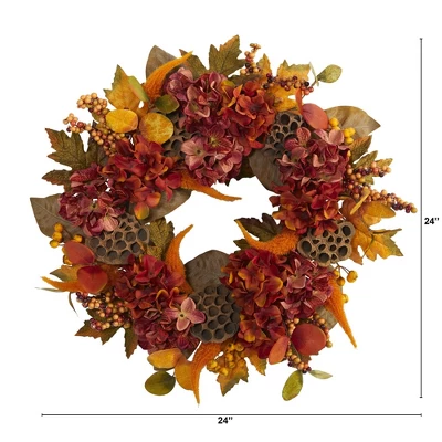 Nearly Natural 24” Fall Hydrangea, Lotus And Berries Artificial Wreath 1 Nearly Natural 24” Fall Hydrangea, Lotus And Berries Artificial Wreath