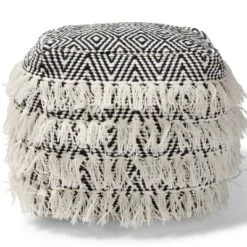 Alian Handwoven Wool Tassel Moroccan Inspired Pouf Ottoman Black/Ivory - Baxton Studio -Home Improvement Store GUEST be2679bb a5fd 4998 970a cc8d34a011d3