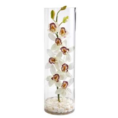 Nearly Natural 20-in Cymbidium Orchid Artificial Arrangement In Tall Cylinder Vase 1 Nearly Natural 20-in Cymbidium Orchid Artificial Arrangement In Tall Cylinder Vase