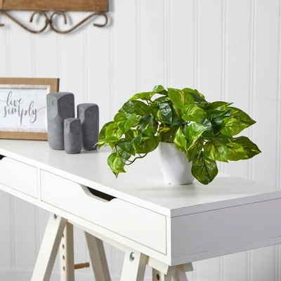Nearly Natural 9-in Pothos Artificial Plant In White Planter (Real Touch) 2 Nearly Natural 9-in Pothos Artificial Plant In White Planter (Real Touch) - Image 2