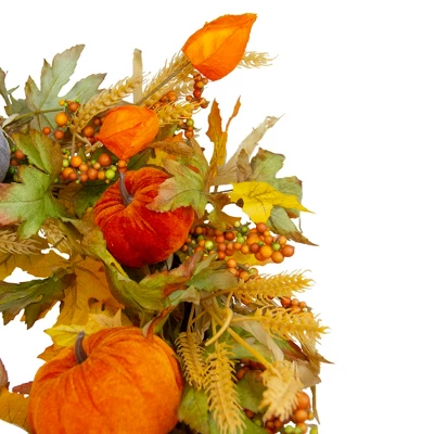 Northlight Velvet Pumpkins And Wheat Artificial Fall Harvest Wreath - 24-Inch, Unlit 3 Northlight Velvet Pumpkins And Wheat Artificial Fall Harvest Wreath - 24-Inch, Unlit - Image 3