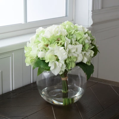Nature Spring Hydrangea Floral Arrangement In Vase - 5 Artificial Flowers In Clear Glass Bowl With Faux Water - 8" X 8", Green, White, Clear 2 Nature Spring Hydrangea Floral Arrangement In Vase - 5 Artificial Flowers In Clear Glass Bowl With Faux Water - 8" X 8", Green, White, Clear - Image 2