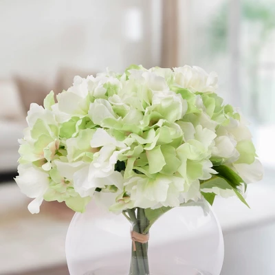 Nature Spring Hydrangea Floral Arrangement In Vase - 5 Artificial Flowers In Clear Glass Bowl With Faux Water - 8" X 8", Green, White, Clear 4 Nature Spring Hydrangea Floral Arrangement In Vase - 5 Artificial Flowers In Clear Glass Bowl With Faux Water - 8" X 8", Green, White, Clear - Image 4