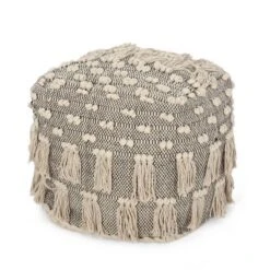 Hawley Handcrafted Boho Fabric Cube Pouf With Tassels Ivory - Christopher Knight Home -Home Improvement Store GUEST e516b6d2 a31d 41f4 858a db43d87792ad